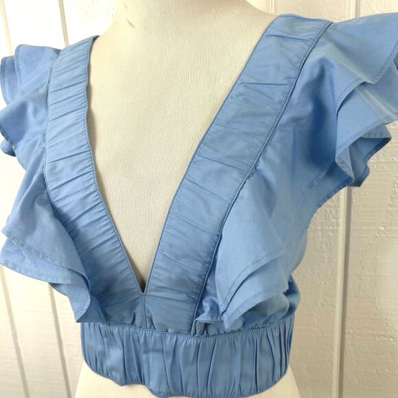Abercrombie Cropped Top Ruffles Short Sleeve Preppy Boho Women Blue NWT Size XL - Picture 2 of 6